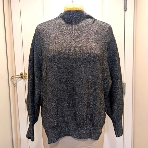 $5 Item! H&M L Sparkly Silver Mock Neck Stretch Knit Slit Side Sweater - Picture 1 of 8